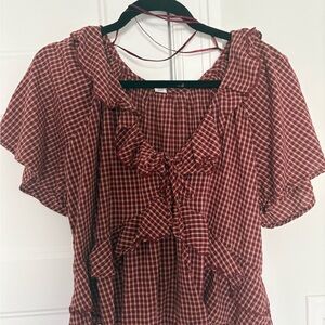 Old Navy Burgundy Checkered Ruffle Blouse